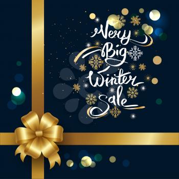 Very big winter sale inscription on blue with snowflakes vector. Stylish advertising poster with calligraphic text decorated with bow in corner