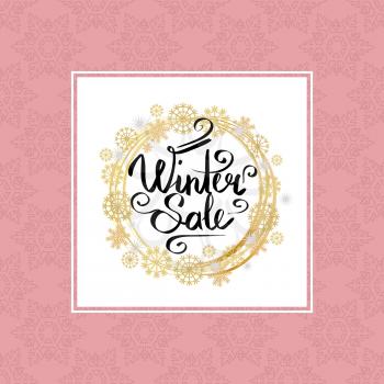 Winter sale poster in decorative frame made of silver and golden snowflakes, snowballs of gold in x-mas border isolated on pink background vector