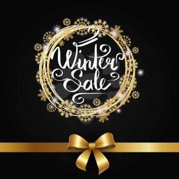 Winter sale poster in decorative frame made of golden snowflakes, snowballs of gold in x-mas border isolated on black vector decorated by gift ribbon