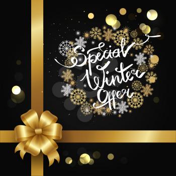 Special winter offer in decorative frame made of silver and golden snowflakes, on black background with blurred sparkles of gold and bow