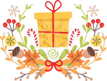 Pretty yellow christmas badge on white background. Vector illustration of holiday decor elements autumn leaves, red guelder roses and small acorns. Wreath surround big present and two striped canes