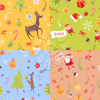 Set of seamless patterns with Christmas elves, Santa Claus wishing Merry Christmas, reindeer Rudolph, decoration elements and fir tree with gift boxes and sale tags near sweet candies endless vector
