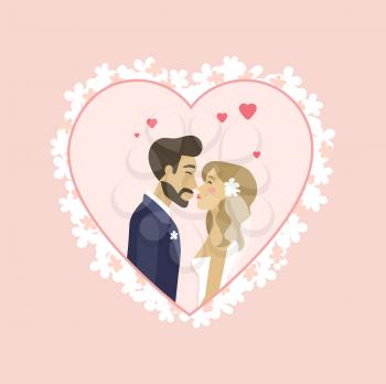 Wedding of man and woman, side view of groom and bride characters in heart shape, romantic postcard with couple, boyfriend and girlfriend, married vector