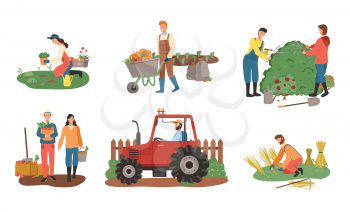 Farmers working on field vector, man and woman harvesting, lady planting, harvest of wheat flat style. Agricultural workers. Bushes cutting carriage loaded with pumpkin