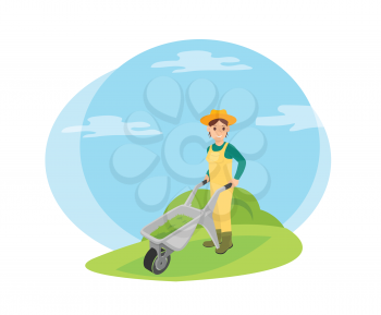 Farmer working on farm with wheelbarrow cartoon icon. Smiling woman in uniform and hat carrying cart full of grass isolated on village landscape.