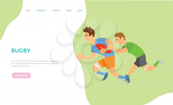 People playing rugby vector, team of boys running with ball, male chasing opponent, strong males in motion, game hobby of youth, text sample. Website or webpage template, landing page flat style