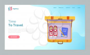 Time to travel vector, yellow open valise, personal belongings of traveler. Shoes and book of tourist, valise with stuff, shoes and book with pen. Website or webpage template, landing page flat style