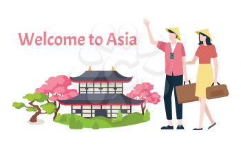 Welcome to Asia vector, travelers on vacation in warm country Asian building and architecture, greenery and sakura blossom. Cherry tree and grass lawns