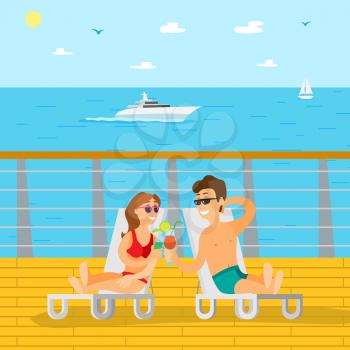 Summertime relaxation of couple by seascape vector. People on vacation woman and man drinking cocktails and talking, laying on chaise longue summer