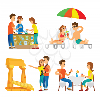 People traveling vector, couple relaxing with cocktails under umbrella. Man and woman visiting ancient ruins sightseeing, male and female in shop