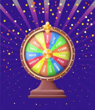 Fortune wheel of casino vector, gambling and playing games for money. Dollars and cash made of deal, betting and winning, congrats with victory confetti