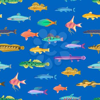 Seamless pattern with small marine creatutes cartoon vector illustration. Print for textile or fabric with sea inhabitants, cartoonish wallpaper.