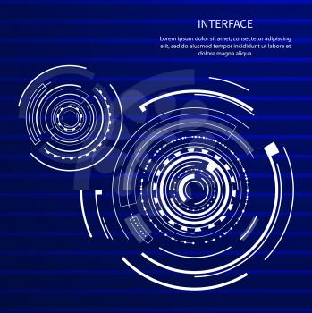 Interface image and text sample with headline above, circles and round shapes and lines, futuristic screen, vector illustration isolated on blue