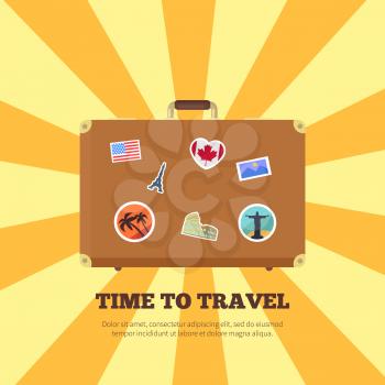 Time to travel bright poster vector illustration of brown suitcase with pretty stickers from different countries isolated on striped yellow background