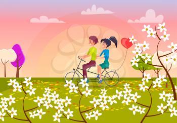 Boy in green T-shirt and girl with ponytail ride bicycle for two in beautiful spring park with blooming trees and flowers vector illustration.