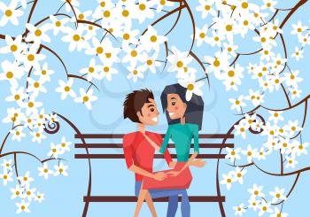 Boy sits on bench with his girlfriend on his knees surrounded with cherry blossom on blue background vector illustration.
