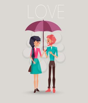 Young couple in love standing under one lilac umbrella and smiling each other vector illustration with lettering on gray background.