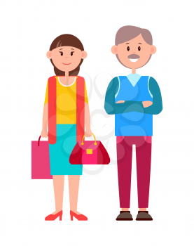 Cheerful husband with wife, colorful banner, vector illustration with adult couple, woman holding two bags, blue sweater and skirt, cherry trousers