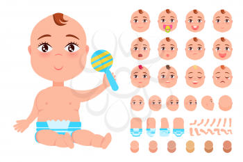 Set of cute babies faces with different emotions, colorful vector illustrations isolated on white backdrop, blue rattle, varied color hair and skin