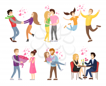 Man holding woman by hands, merrily jumping, passion huggings, presenting bouquet of flowers, dining in restaurant vector set of couples in love