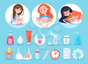 Women and items collection, circled images with mothers breastfeeding children, tube and bib, clock and thermometer, isolated on vector illustration