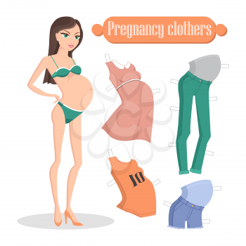 Pregnancy clothes banner vector illustration with young mom in green underwear comfortable elegant dress, orange shirt and denim shorts, cute trousers