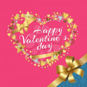 Happy Valentines Day poster with heart made of decorative bow, golden stars, sparkling elements on pink background with ribbon in blue corner
