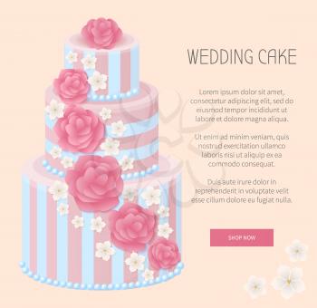 Wedding cake, webpage with button saying shop now, creamy sweets and headline with text sample, vector illustration isolated on pink background