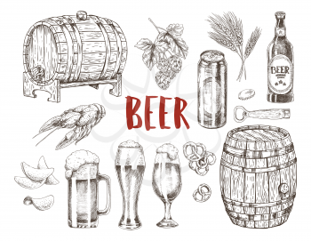 Beer in capacious glasses, wooden barrels and bottles with labels. Boiled crayfish, crispy chips and salty cracker as snack vector illustrations.