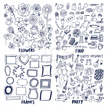 Food frames flowers party set of cute sketches vector illustration with lot of patterns, text sample, rose chamomile roast chicken bread fish potables