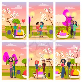 Happy couples in love out on romantic dates in park with blooming trees and flower beds at sunset vector illustrations set.