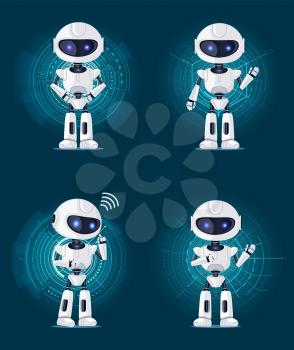 Four glossy white robots stands with bent hands and speaks isolated on futuristic interfaces, geometric figures, vector illustration isolated on blue
