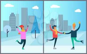 Couple skating on rink, man in pink sweater, red hat, warm mittens enjoys snowfall, vector illustration on background of skyscrapers wintertime concept
