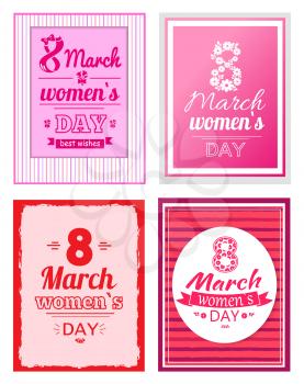 Big set of 8 March greeting cards, Eight number made of flowers, best wishes on International women s day vector illustration poster isolated on pink