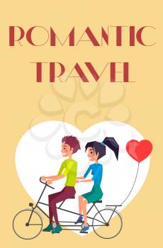Couple riding on twin bike with heart shape balloon at back, happy lovers having fun together, Valentines Day romantic travel vector illustration