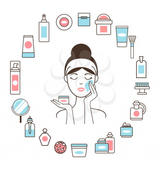 Woman in headband cleans her face inside circle of cosmetic means and beauty tools isolated cartoon flat vector illustration on white background.
