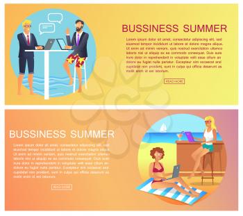 Business summer page collection, people with laptops sitting and chatting, woman working at beach seaside and sailboat isolated on vector illustration