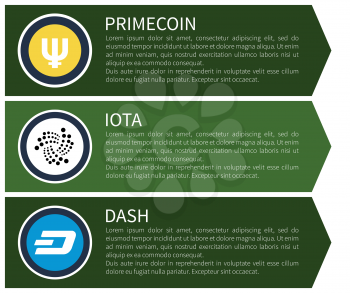 Yellow primecoin, white iota and blue dash symbols inside circles with sample text as descriptions on Internet page template vector illustration.