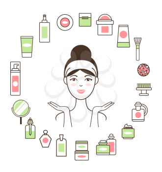 Woman in headband cleans her face inside circle of cosmetic means and beauty tools isolated cartoon flat vector illustration on white background.