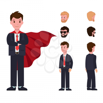 Smiling cartoon characters in classic suit, with red cloak, man constructor with different hairstyles front and back view vector illustration isolated