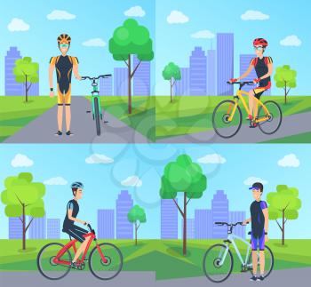 Cyclist and bike at city set of posters with man wearing special costume and helmet bicycle and cityscape with trees and buildings vector illustration