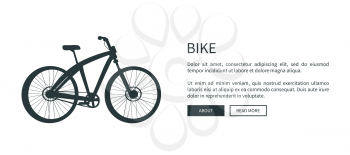 Bike silhouette, web page, buttons and informational text, sample with title, colorless poster, with data, vector illustration, isolated on white