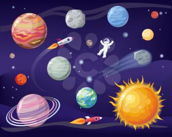 Space and planets set, poster with astronaut wearing special suit, Sun and Earth, stars and cosmos, vector illustration isolated on black and blue