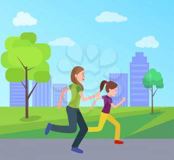 Mother and daughter jogging together in city park vector illustration. Mom and girl in sport apparel running, active healthy lifestyle concept