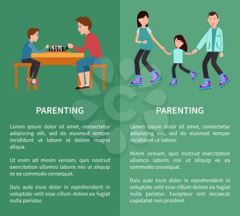 Parenting posters set father and son playing chess, family roller skating together vector posters happy childhood concept free time with parents