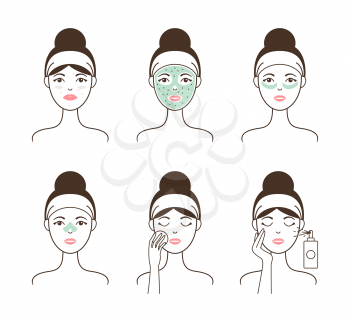 Skin cleansing with natural mask and patches shown on female model step by step isolated cartoon flat vector illustrations set on white background.