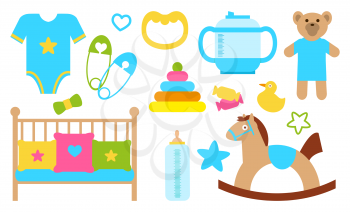 Objects and items for kids, poster with toys and cradle, containers made of plastic and clothes, icons of stars, vector illustration isolated on white