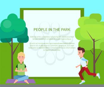 People in park poster and filling form wit headline and text sample, meditation and yoga, jogging and activities, isolated on vector illustration