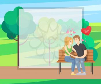 Merry couple sits on bench tenderly holding hands, heart shape balloon near them vector in green park near trees, rural landscape, frame for text