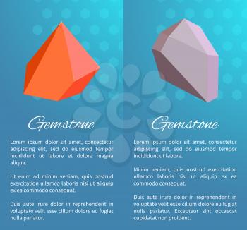 Sharp natural gemstones of bright red and light grey colors cartoon flat vector illustrations on vertical promotional posters with blue background.